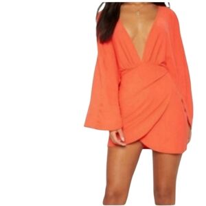 Pretty Little Thing Mini Dress Orange Cape Sheath Wrapover Skirt Plunge Neckline
